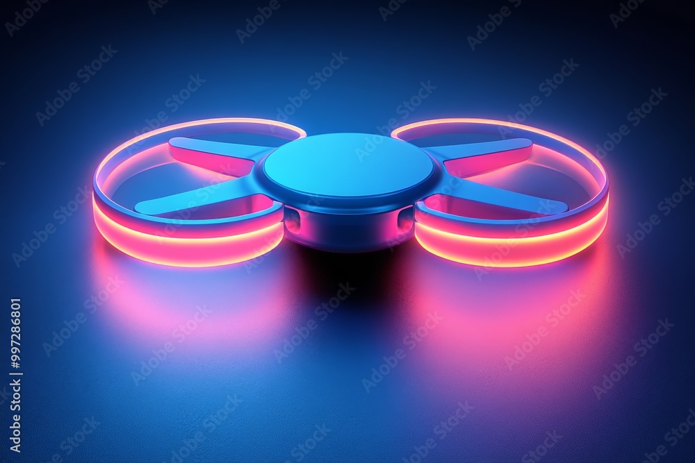 Poster neon blue circular drone with glowing propellers resting on a futuristic platform symbolizing modern