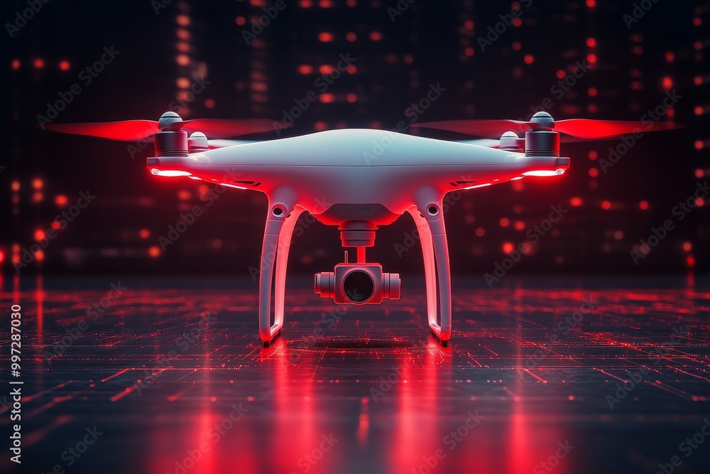 Poster two drones flying through a neon lit sky in a futuristic environment symbolizing uav technologys rol