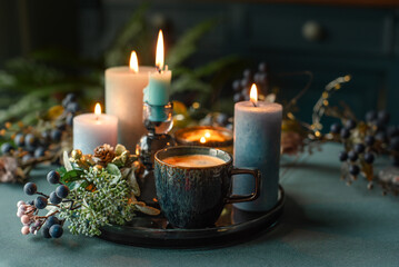 Christmas decor background with hot drink