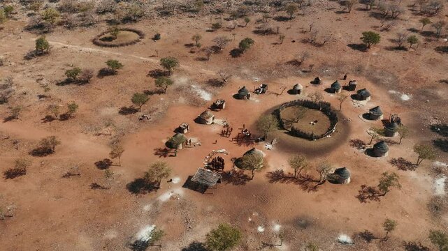 Aerial view of Himba tribe people village in Namibia.