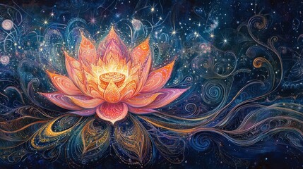 Cosmic lotus with radiant sacred geometry, glowing orbs, and vibrant cosmic energy