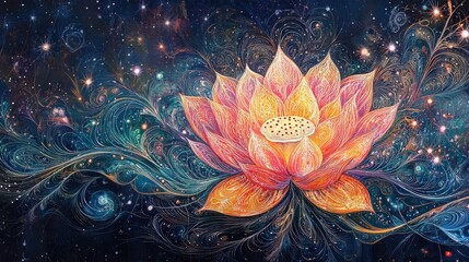 Cosmic lotus with radiant sacred geometry, glowing orbs, and vibrant cosmic energy