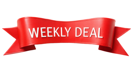 Red banner with the text 'WEEKLY DEAL' for promotions on a transparent or white isolated background.