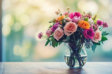 This vibrant bouquet showcases a variety of mixed flowers in a clear glass vase, adding a touch of color to a wooden table. Generative AI