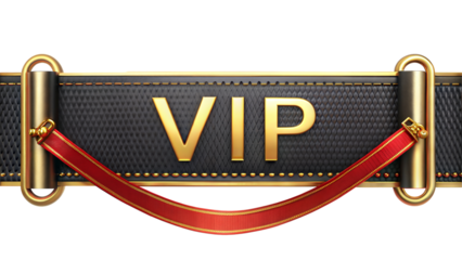 VIP gold badge design with black leather background and red ribbon. Transparent or white background.
