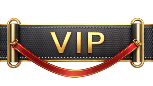 VIP gold badge design with black leather background and red ribbon. Transparent or white background.
