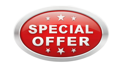 Red badge with text 'Special Offer' and stars, ideal for promotions and discounts on a transparent or white isolated background.