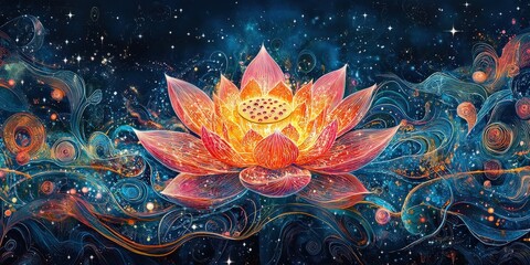 Cosmic lotus with radiant sacred geometry, glowing orbs, and vibrant cosmic energy