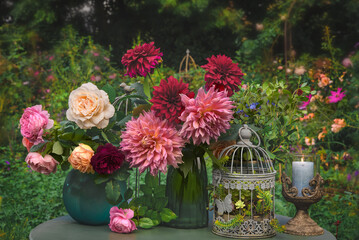 Romantic summer still life with roses and dahlia