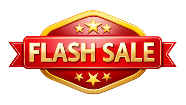 Flash sale badge with stars and vibrant colors on a transparent or white background.