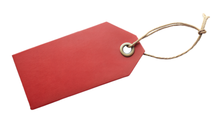 Red price tag with a metal ring on a white background, perfect for labeling items or promotions. Transparent or white background.