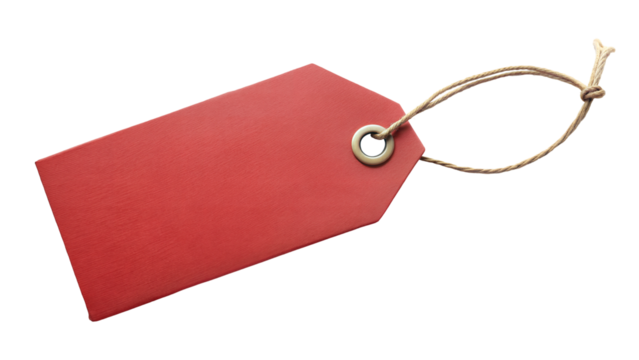 Red price tag with a metal ring on a white background, perfect for labeling items or promotions. Transparent or white background. - Powered by Adobe