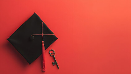 Graduation Cap with Key on Red Background Symbolizing Knowledge and Success
