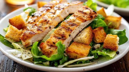 Juicy grilled chicken Caesar salad with romaine and croutons