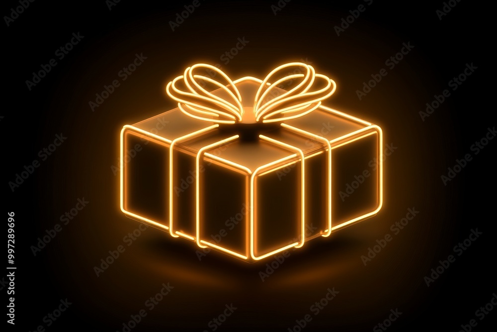 Poster neon orange outlined drone hovering above a glowing gift box symbolizing smart uav logistics and sec