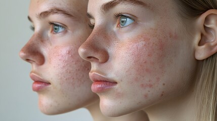 Three-month acne healing process  patient photos showing gradual improvement from inflamed skin to smooth, healthy complexion Medical focus, professional detail