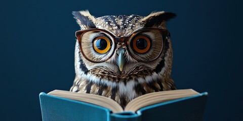 Wise owl wearing glasses, reading a book on blue background symbolizing knowledge and wisdom