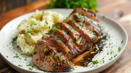 Juicy grilled pork tenderloin with roasted garlic mashed potatoes and apple chutney