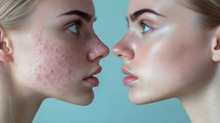 Fototapeta premium Close-up of a man's face before and after chemical peel treatment, peeling skin revealing fresh, smooth texture beneath, neutral background, bright and natural lighting, realistic style