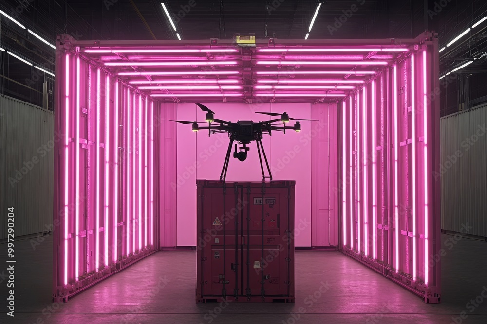 Poster drone with pink neon lights hovering in a futuristic warehouse symbolizing fast and secure smart log
