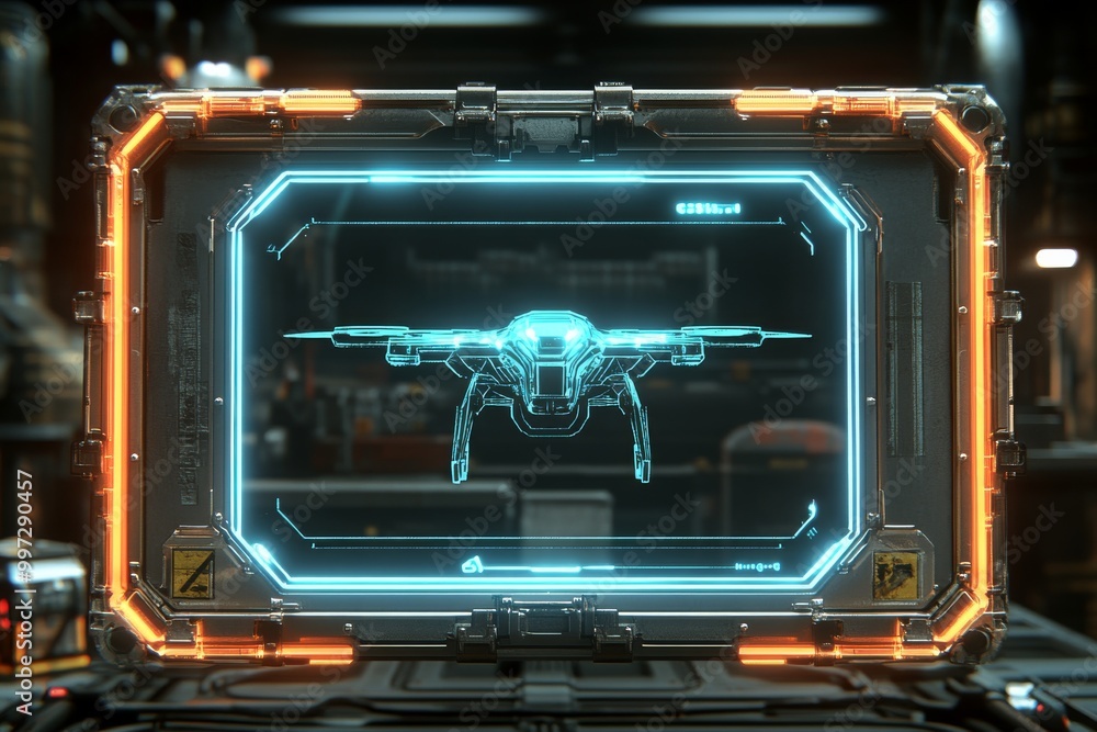 Poster futuristic drone displayed on a digital blueprint screen symbolizing high tech uav innovations for s