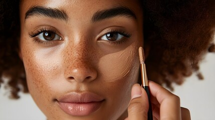 Woman applying concealer over acne scars, close-up, neutral background, soft lighting, matte foundation texture, natural skin tone Photography style