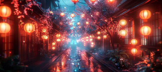 Vaporwave Vector Japanese Coming of Age Day where participants are surrounded by floating lanterns that change color with each step creating an abstract vaporwave visual journey of adulthood