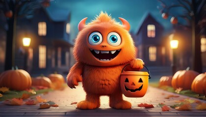 Cute Cartoon Orange Halloween Monster Trick or Treating Holding a Halloween Candy Bucket 