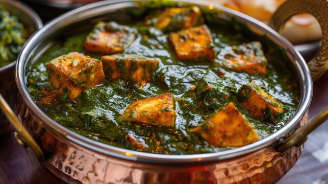 Layers of creamy saag paneer, spinach infused with spices and chunks of paneer cheese, served in a traditional copper kadai. A vegetarian delight from India.