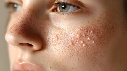 Fototapeta premium Face detail close-up, showing acne scars fading over 30 days, cool tones, healing process visualized, sharp focus on skin improvement, neutral background, photojournalistic
