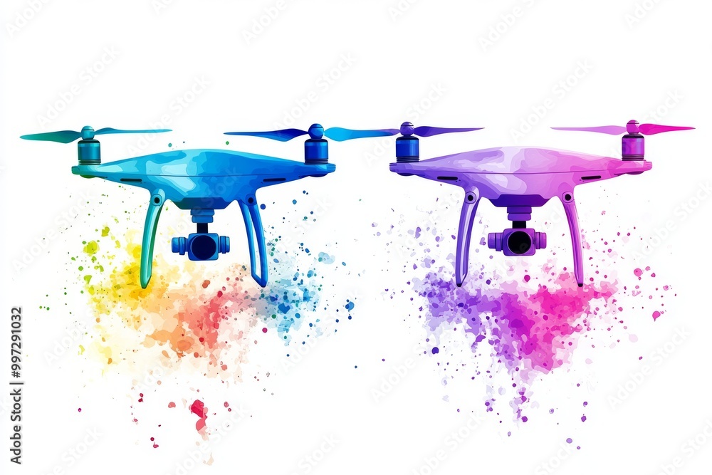 Aufkleber two colorful drones flying over a splash painted background symbolizing creative uav technology for 