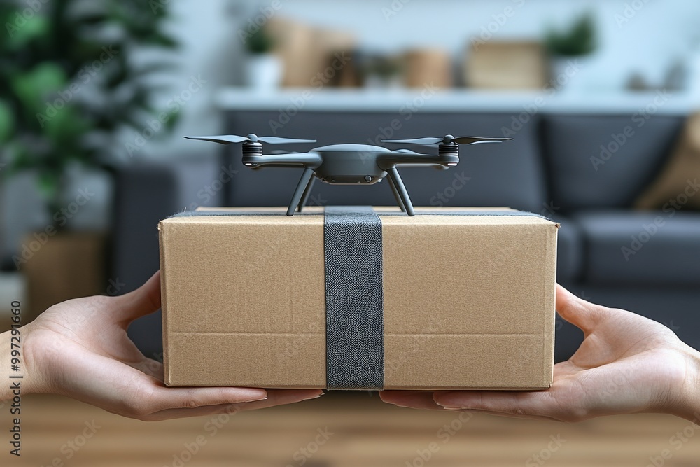 Poster hands holding a delivery box with a small drone attached symbolizing smart uav technology and secure
