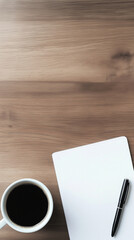 Minimalist workspace with a cup of black coffee, blank notebook, and a pen on a natural wood desk, perfect for business, productivity, or creative projects