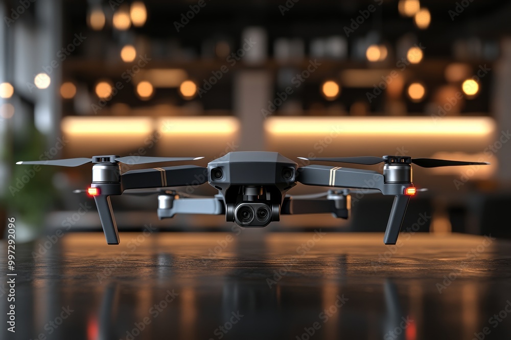 Poster close up view of a black drone hovering above a glowing stage symbolizing high tech uav technology f
