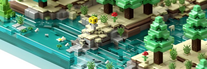 Voxel Art Vector Japan Coming of Age Day where ceremony takes place a voxel world with each participants steps creating blocky glowing patterns on the ground as they walk through a digital landscape