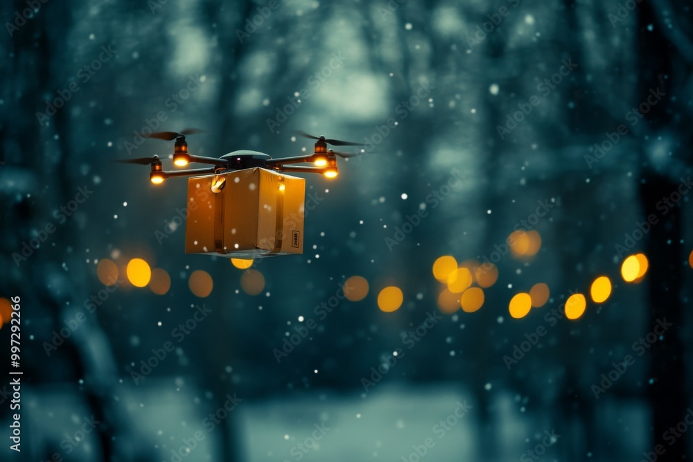 Aufkleber drone flying through snow at twilight carrying a package symbolizing smart uav logistics and automat