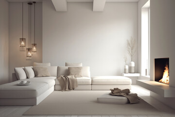 Diseño interior exclusivo de una gran sala con chimenea en colores pastel .