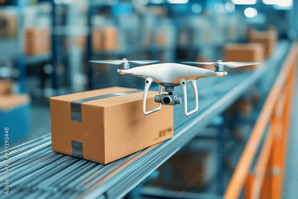 Aufkleber white drone on a conveyor belt in a warehouse symbolizing automated logistics systems and advanced u