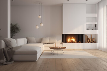 Fototapeta premium Diseño interior exclusivo de una gran sala con chimenea en colores pastel .