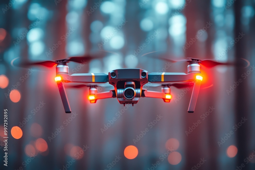 Poster drone with glowing red lights hovering in a misty forest representing advanced uav technology for se