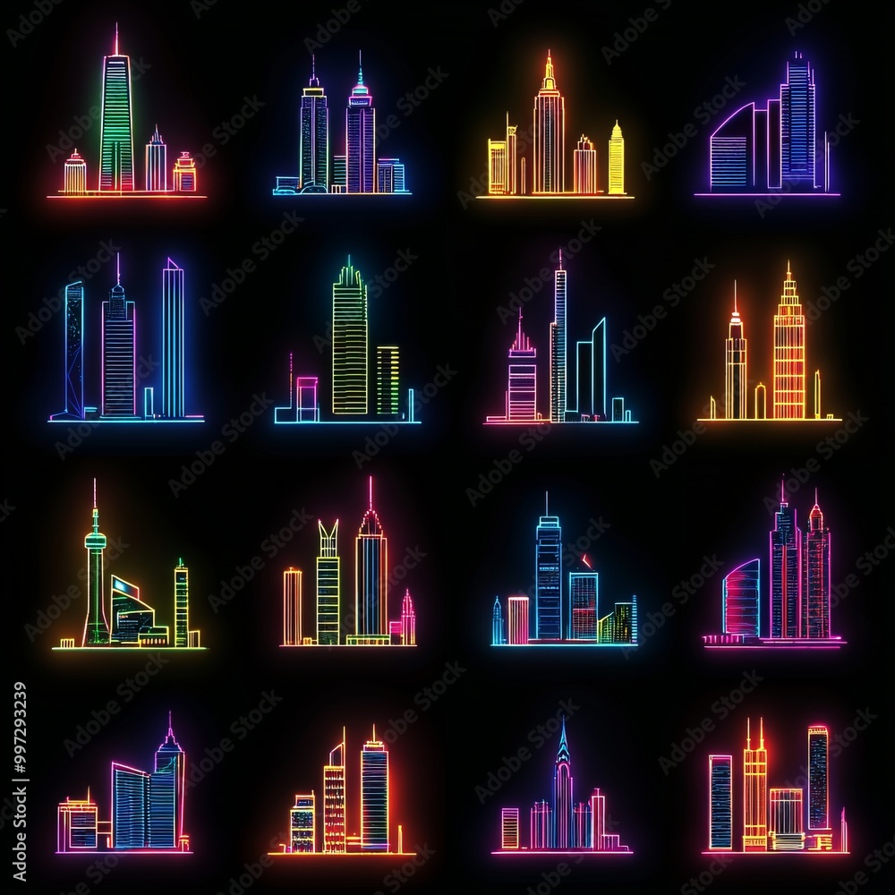 Sticker Neon city skylines.  A set of neon city skylines in different colors and designs.