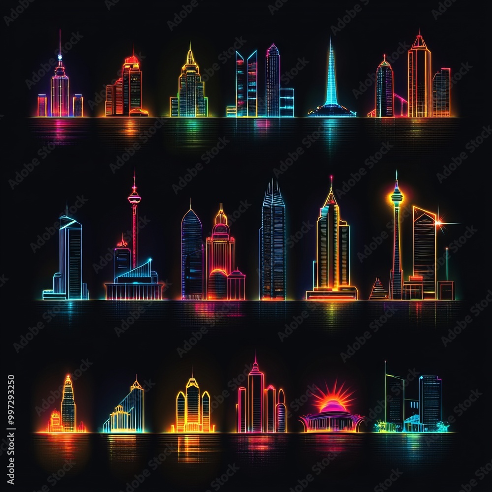 Sticker Neon city skyline with skyscrapers in various styles and colors, reflecting on water.