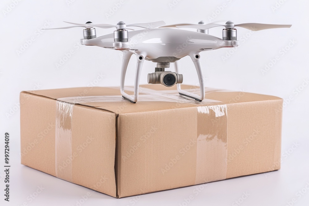 Aufkleber small drone hovering over a large cardboard package symbolizing uav technology for secure and automa