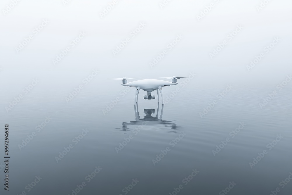 Poster white drone hovering over calm water with a clear reflection symbolizing stability and precision in 