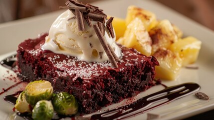 Moist red velvet brownies with cream cheese frosting, chocolate shavings, vanilla ice cream, fresh pineapple, and a side of roasted Brussels sprouts