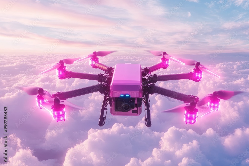 Poster drone with pink lights flying through colorful clouds symbolizing creative and high tech uav technol