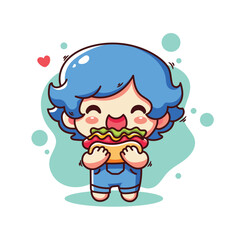Cute boy eating hot dog. Cute cartoon vector illustration.