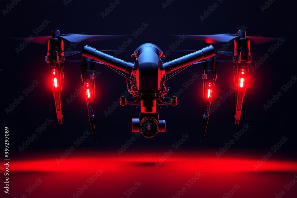 Poster black drone with red lights flying in a dark environment representing high tech uav technology for s