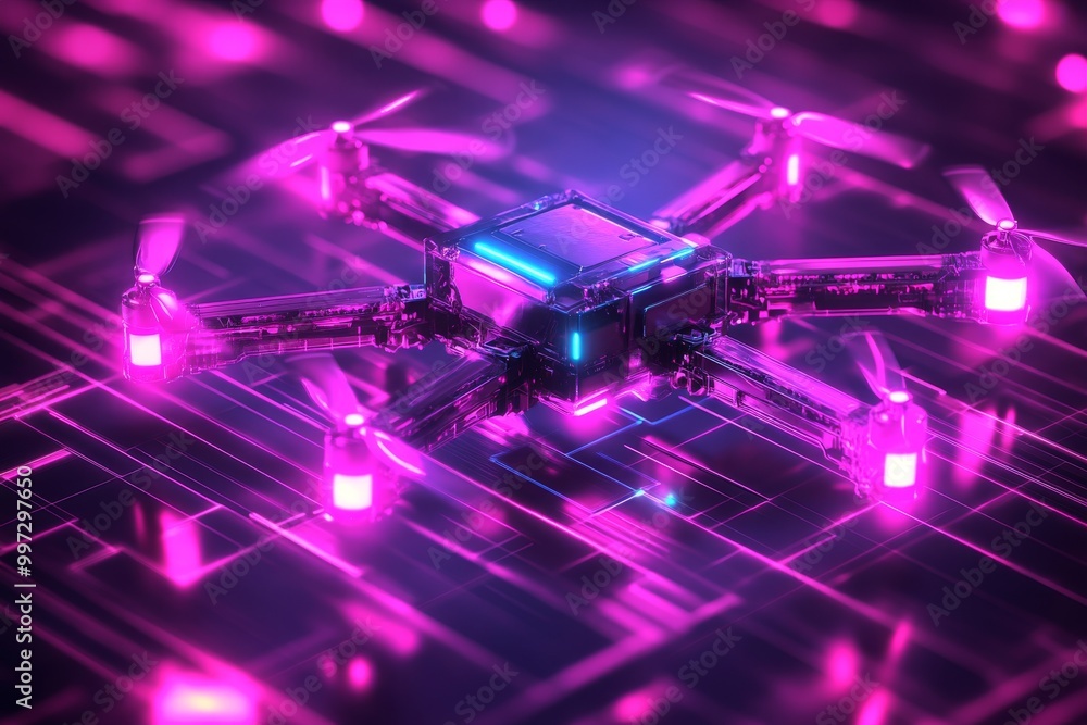 Aufkleber drone equipped with neon lights flying over a circuit board representing high tech uav applications 