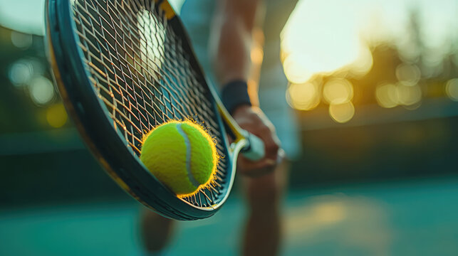 A tennis player is holding a racket with a tennis ball in it. The ball is yellow and is in the air